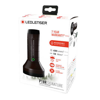 Ledlenser P18R Signature torch on white packaging box with handle brown black body and green button