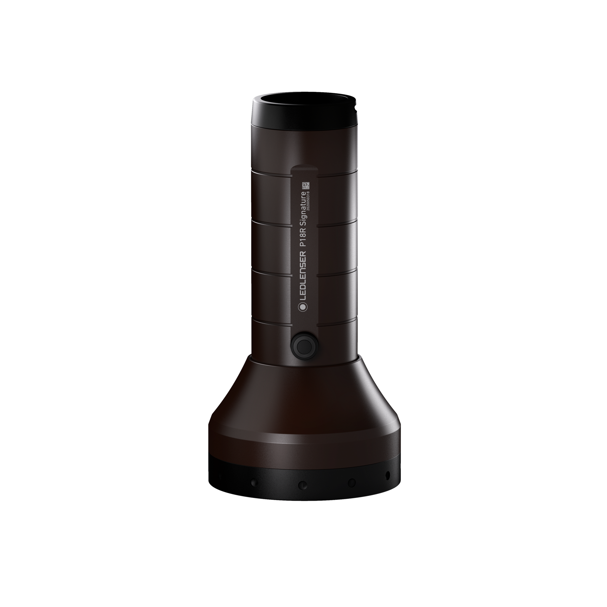 Ledlenser P18R Signature Torch with brown anodised body and textured grip viewed upright