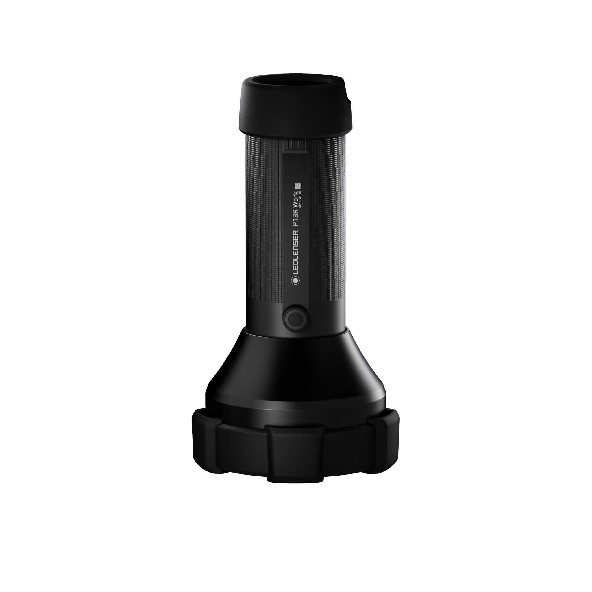 Ledlenser P18R Work Torch standing upright with textured black body and wide circular base showing the side control and full length grip