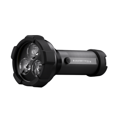 Ledlenser P18R Work Torch with a black cylindrical body and a three lens front head shown from a left front angle