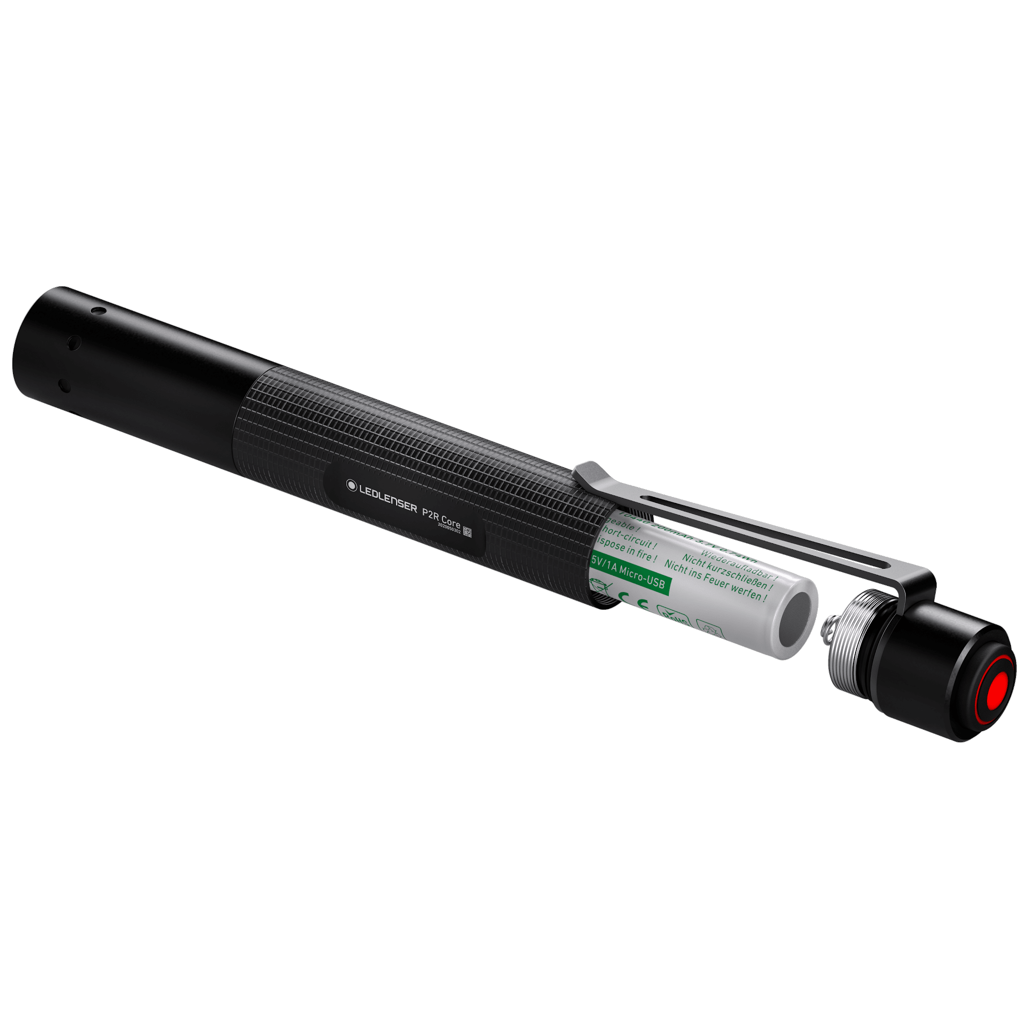 Ledlenser P2R Core Torch with battery pack extended from a black cylindrical body and a side pocket clip with red power button visible