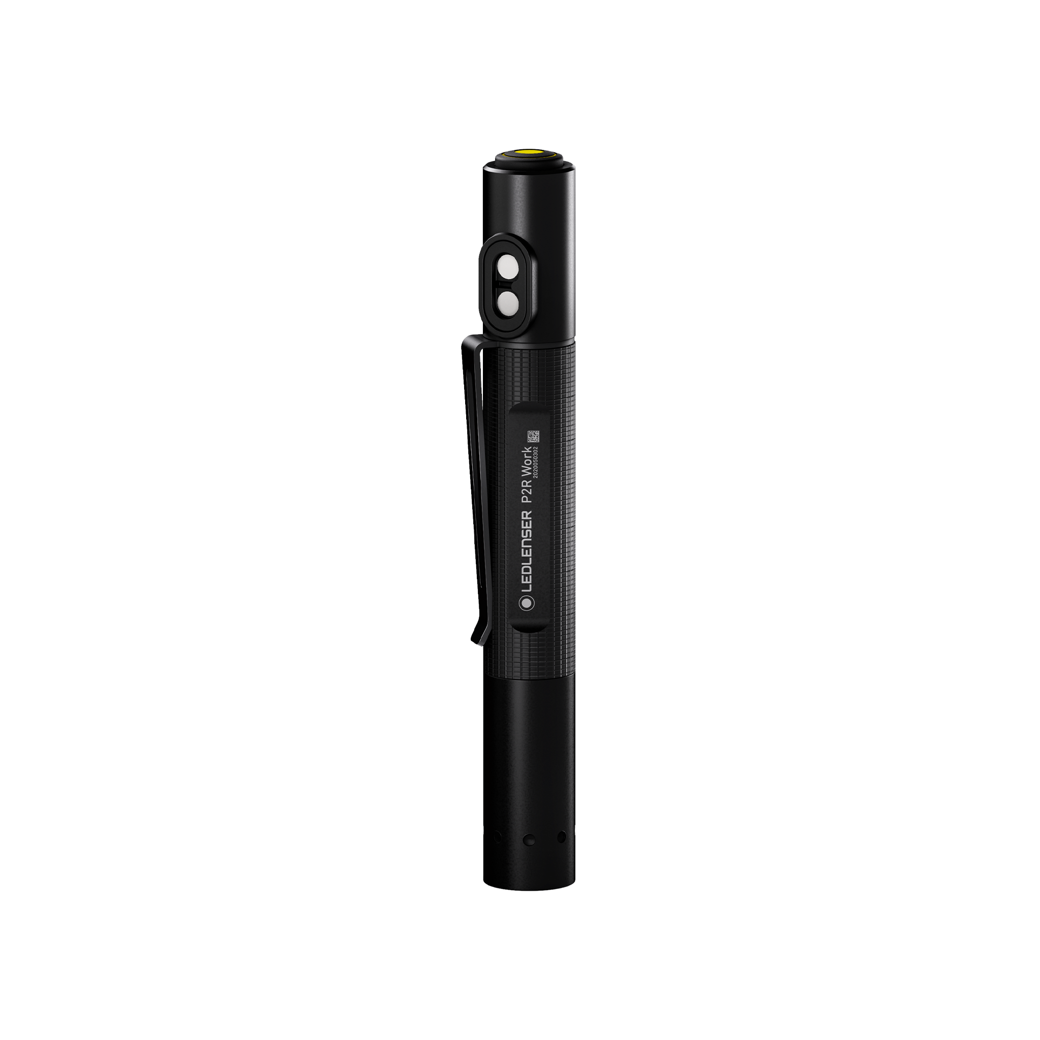 Ledlenser P2R Work Torch shown upright in black cylindrical body with pocket clip and dual front LEDs visible