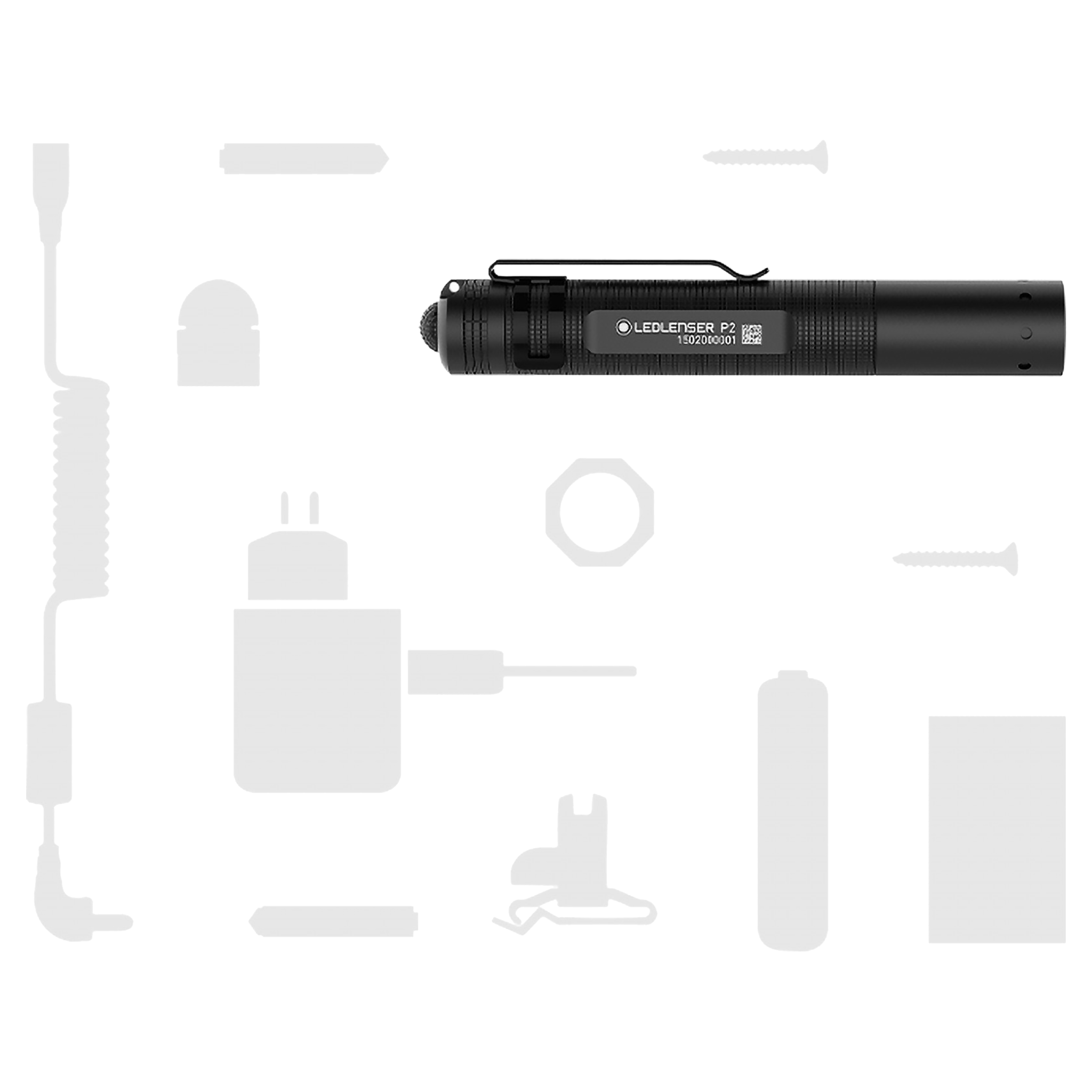 Ledlenser P2 battery operated torch shown horizontally with clip on textured black body and compact form factor