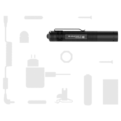 Ledlenser P2 battery operated torch shown horizontally with clip on textured black body and compact form factor