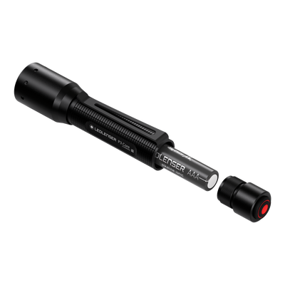 Ledlenser P3 Core Torch compact handheld flashlight with AAA battery inserted and removable tail cap shown in side view