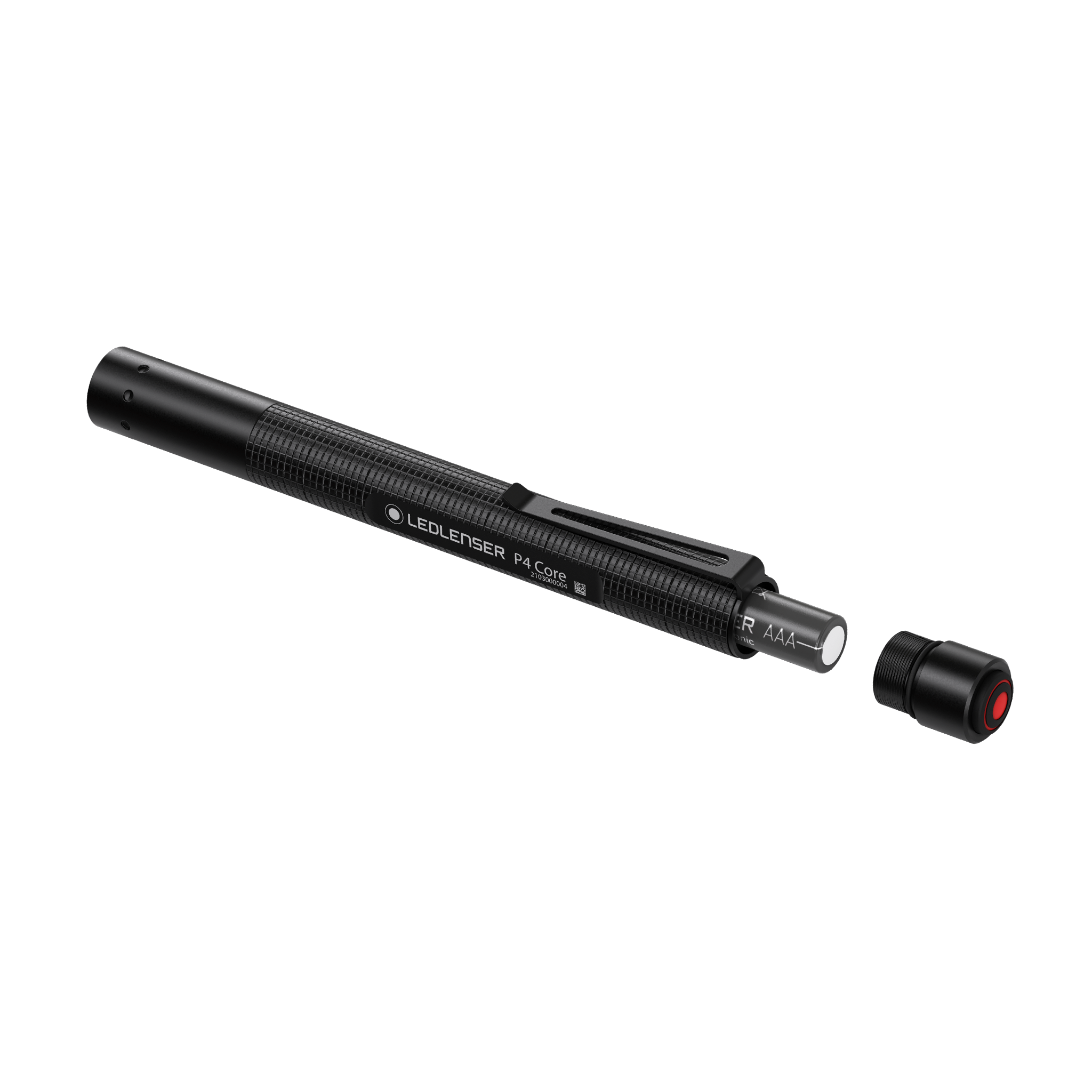 Ledlenser P4 Core torch in side view with black anodised body battery cartridge and detached end cap