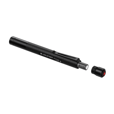 Ledlenser P4 Core torch in side view with black anodised body battery cartridge and detached end cap