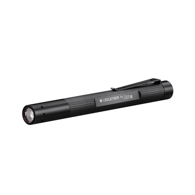 Ledlenser P4 Core Torch in black cylindrical design with pocket clip shown in side view