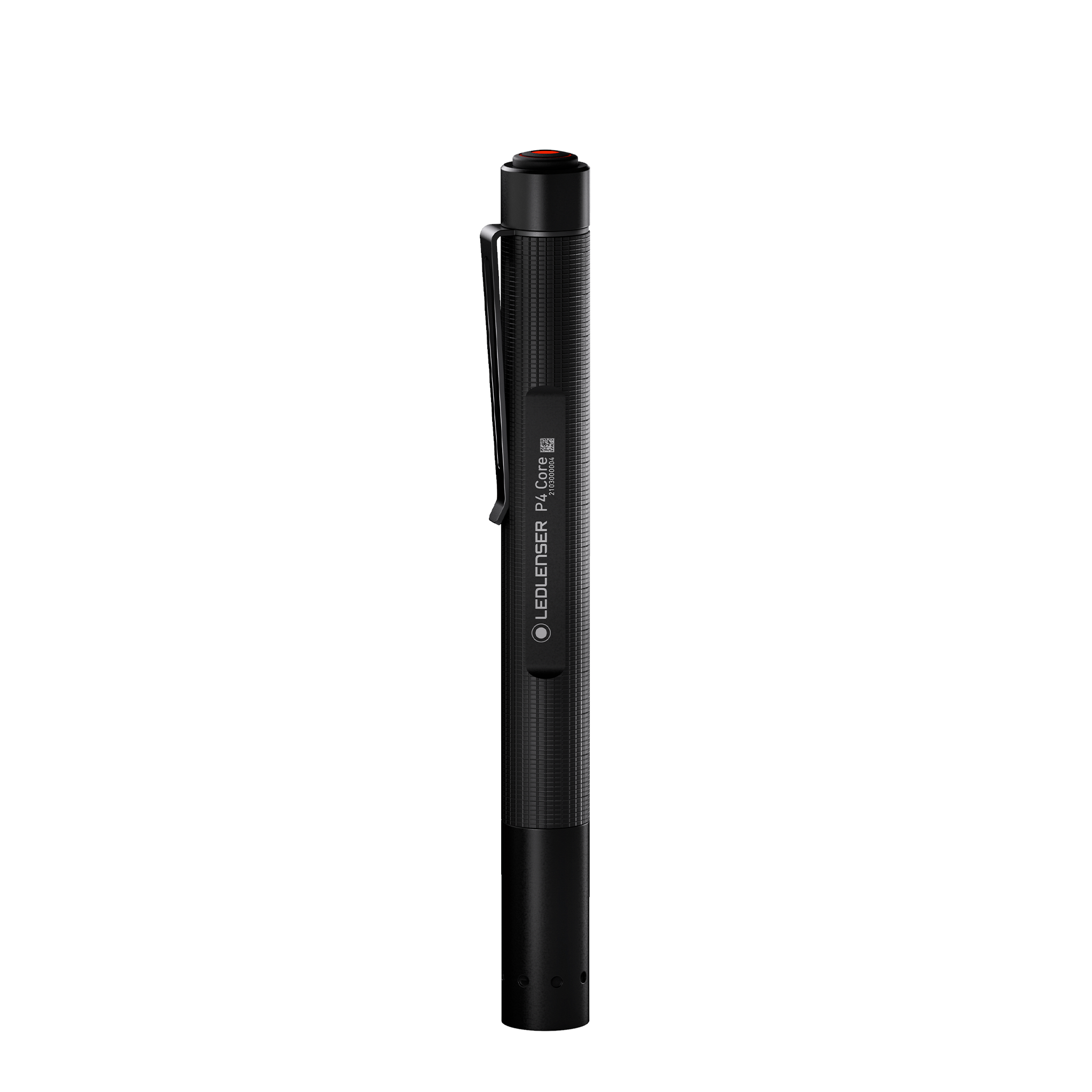 Ledlenser P4 Core Torch standing upright slim black pen style flashlight with textured grip and pocket clip