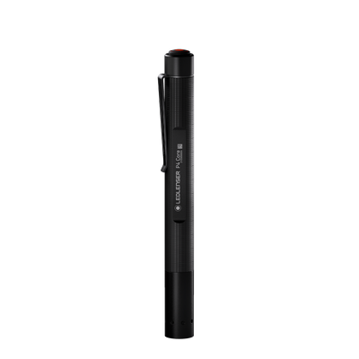 Ledlenser P4 Core Torch standing upright slim black pen style flashlight with textured grip and pocket clip