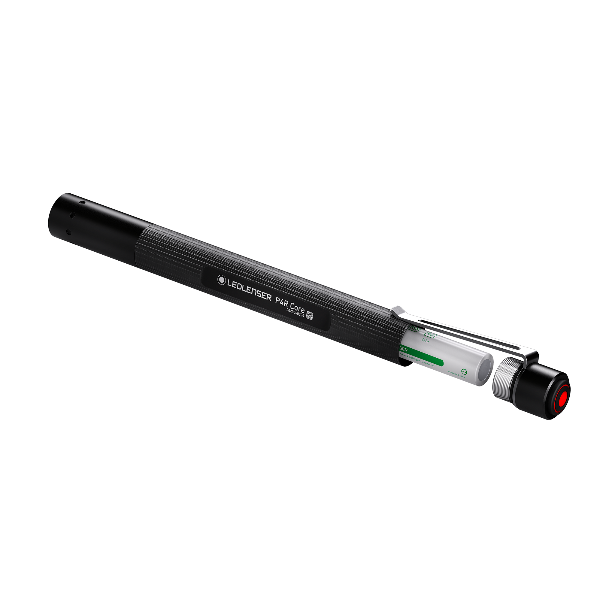 Ledlenser P4R Core Torch shown in side view with extended rechargeable battery cartridge in a black cylindrical body
