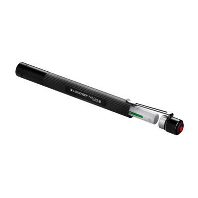 Ledlenser P4R Core Torch shown in side view with extended rechargeable battery cartridge in a black cylindrical body
