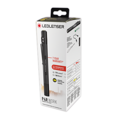Ledlenser P4R Work Torch packaging box showing a black handheld torch and included accessories