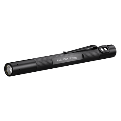 Ledlenser P4R Work Torch black rechargeable penlight with pocket clip shown horizontally