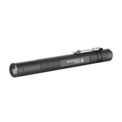 Ledlenser P4 Torch compact pen light in black with knurled grip and pocket clip shown in side angle