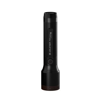 Ledlenser P5R Core Torch upright black handheld flashlight with textured grip and circular power button