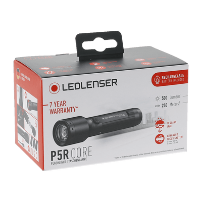 Ledlenser P5R Core Torch packaging box featuring a black rechargeable flashlight and hanging tab