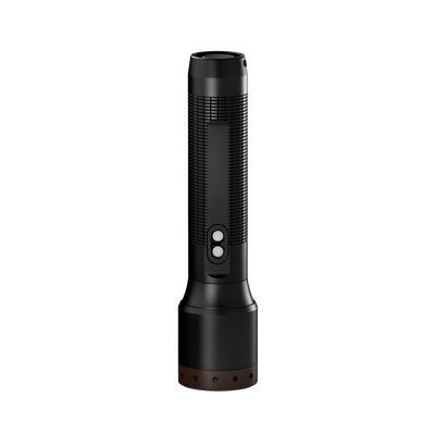 P5R Core Torch Ledlenser vertical black handheld flashlight with textured grip and two silver buttons plus brown base ring