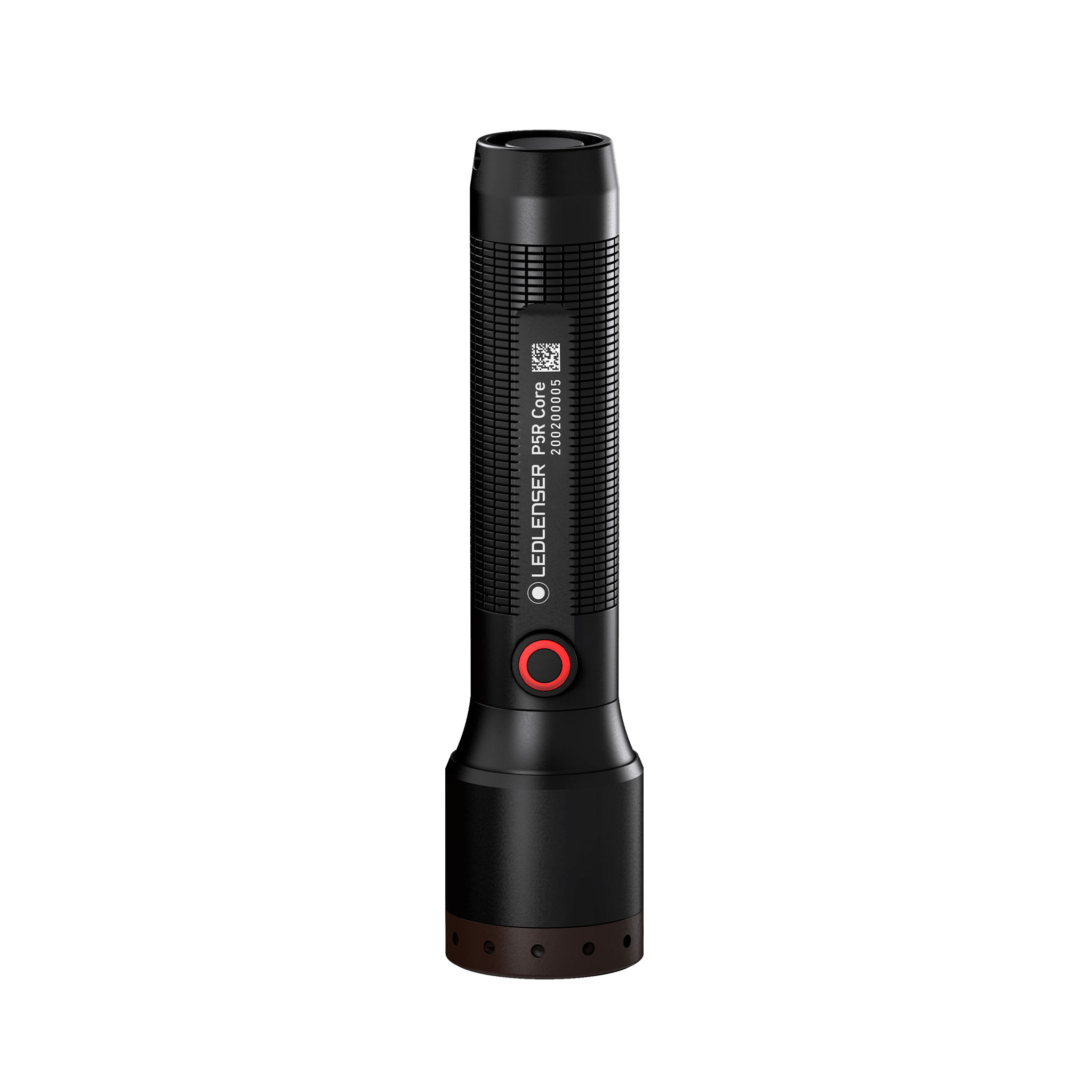 Ledlenser P5R Core Torch upright with black textured body and red ring power button visible
