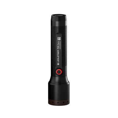 Ledlenser P5R Core Torch upright with black textured body and red ring power button visible