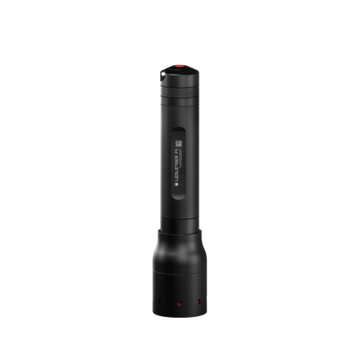 Ledlenser P5 Torch upright black compact handheld flashlight with textured grip and red top accent