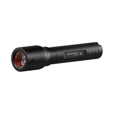 Ledlenser P5 Torch compact black flashlight shown in side view with textured body and red front lens