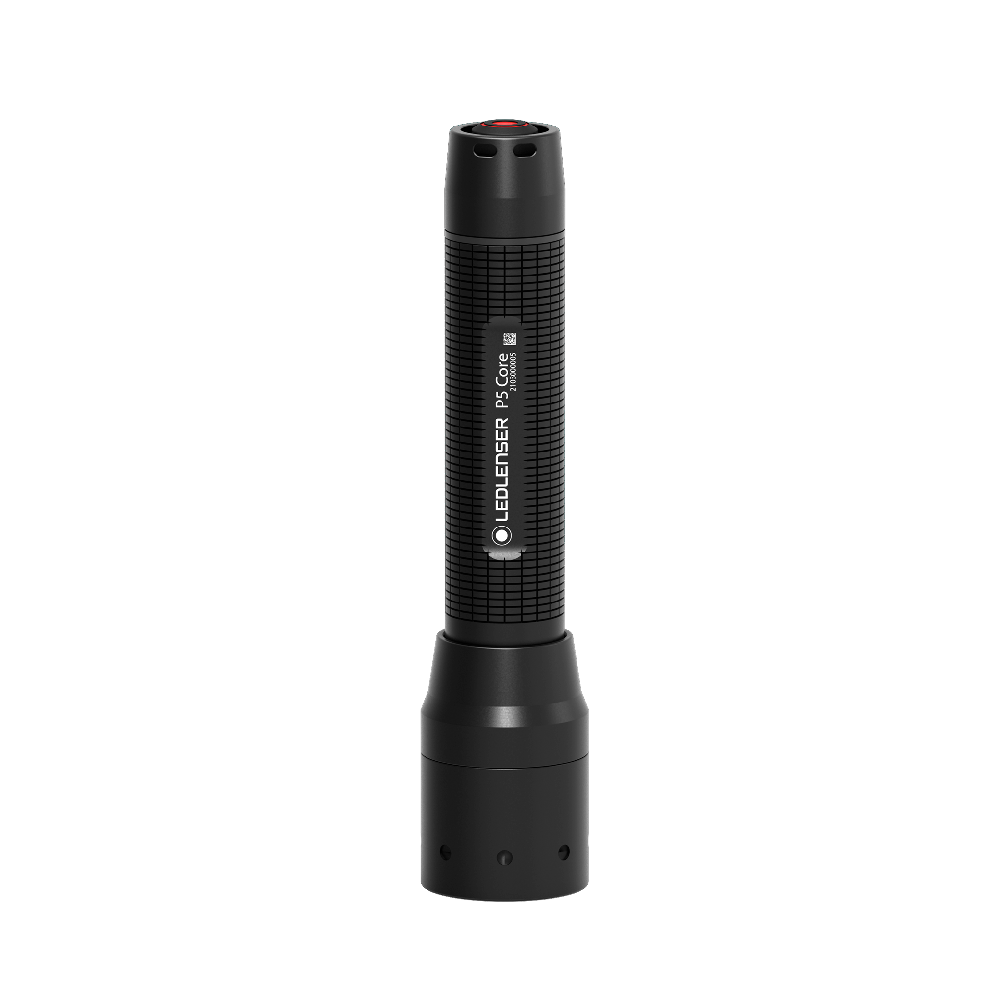 P5 Core Torch upright black Ledlenser flashlight with textured grip and base cap