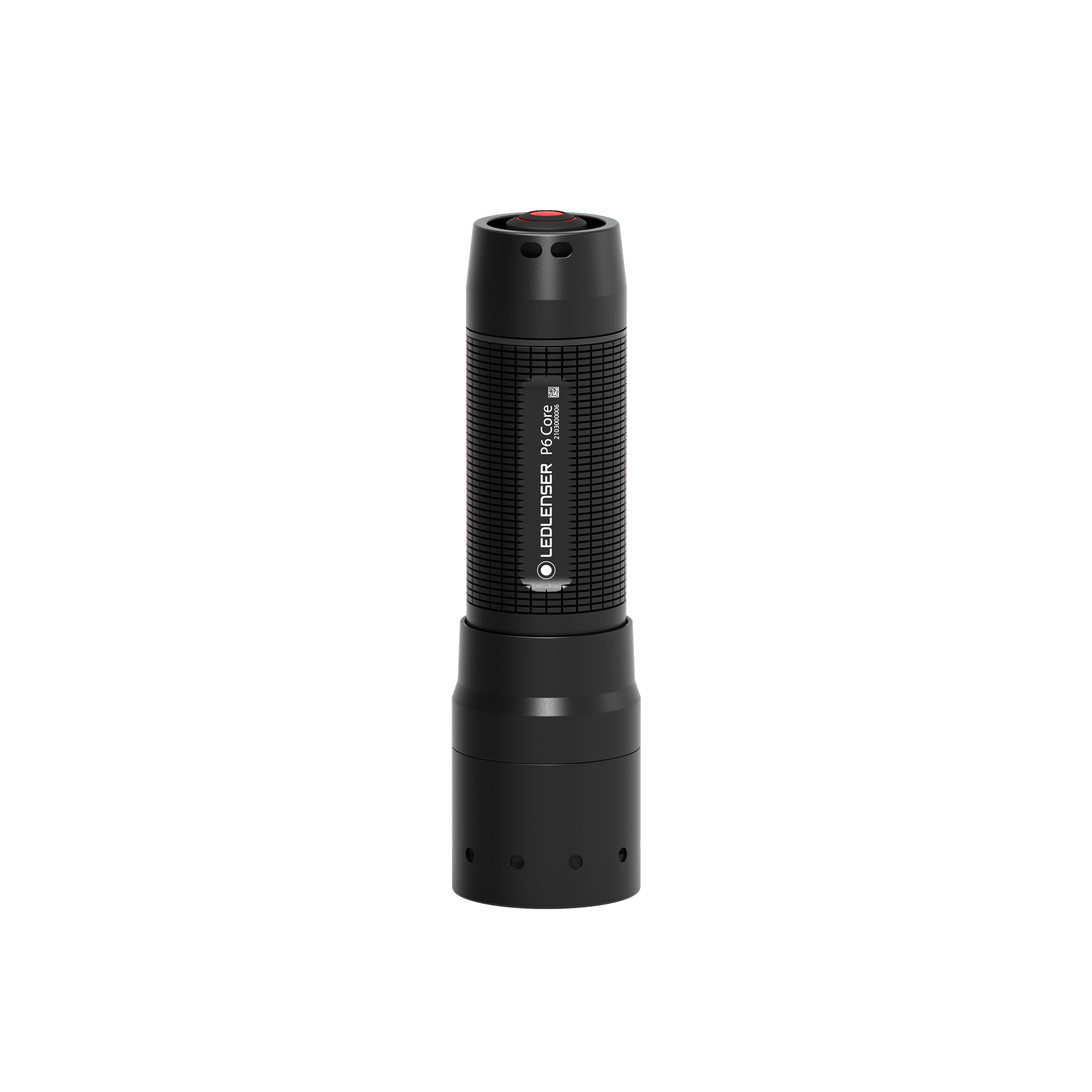 Ledlenser P6 Core Torch shown upright with textured black body grip pattern and red top button