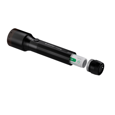 Ledlenser P6R Core Torch with detachable battery cartridge and cap removed black cylindrical handheld flashlight showing internal battery tube