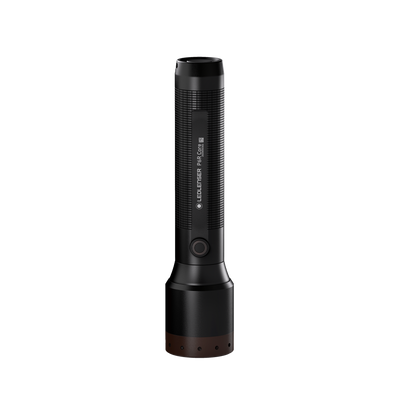 Ledlenser P6R Core Torch vertical orientation with a textured black body and brown accent base