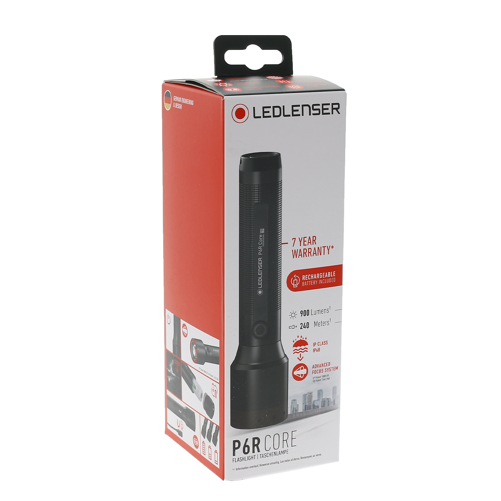 Ledlenser P6R Core Torch packaging box upright showing a black handheld flashlight with 7 YEAR WARRANTY and rechargeable battery included