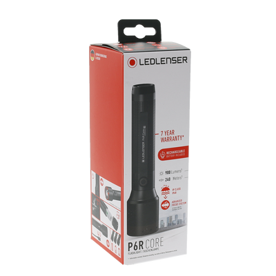 Ledlenser P6R Core Torch packaging box upright showing a black handheld flashlight with 7 YEAR WARRANTY and rechargeable battery included