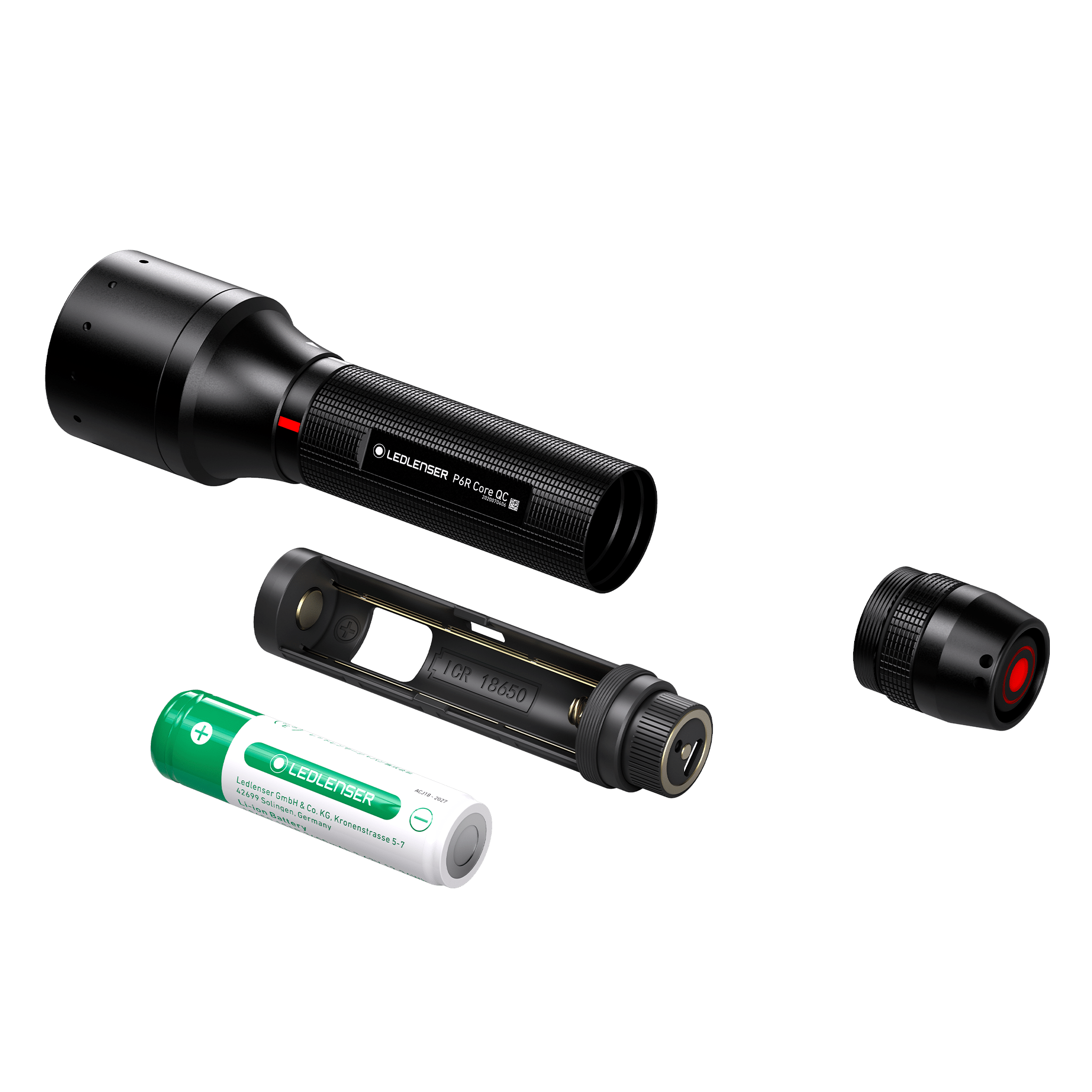 Ledlenser P6R Core QC Torch disassembled with battery tube end cap and charging module shown