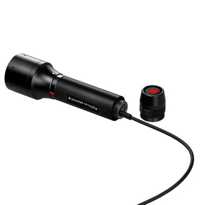 Ledlenser P6R QC Torch with charging cable and cap angled view of a rechargeable handheld flashlight