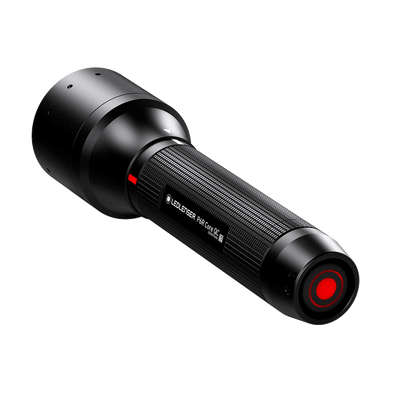 Ledlenser P6R QC Torch angled view showing black cylindrical rechargeable torch with textured grip and red power ring