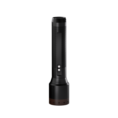 Ledlenser P6R Core Torch standing upright; black textured cylindrical body with brown base and dual white control buttons