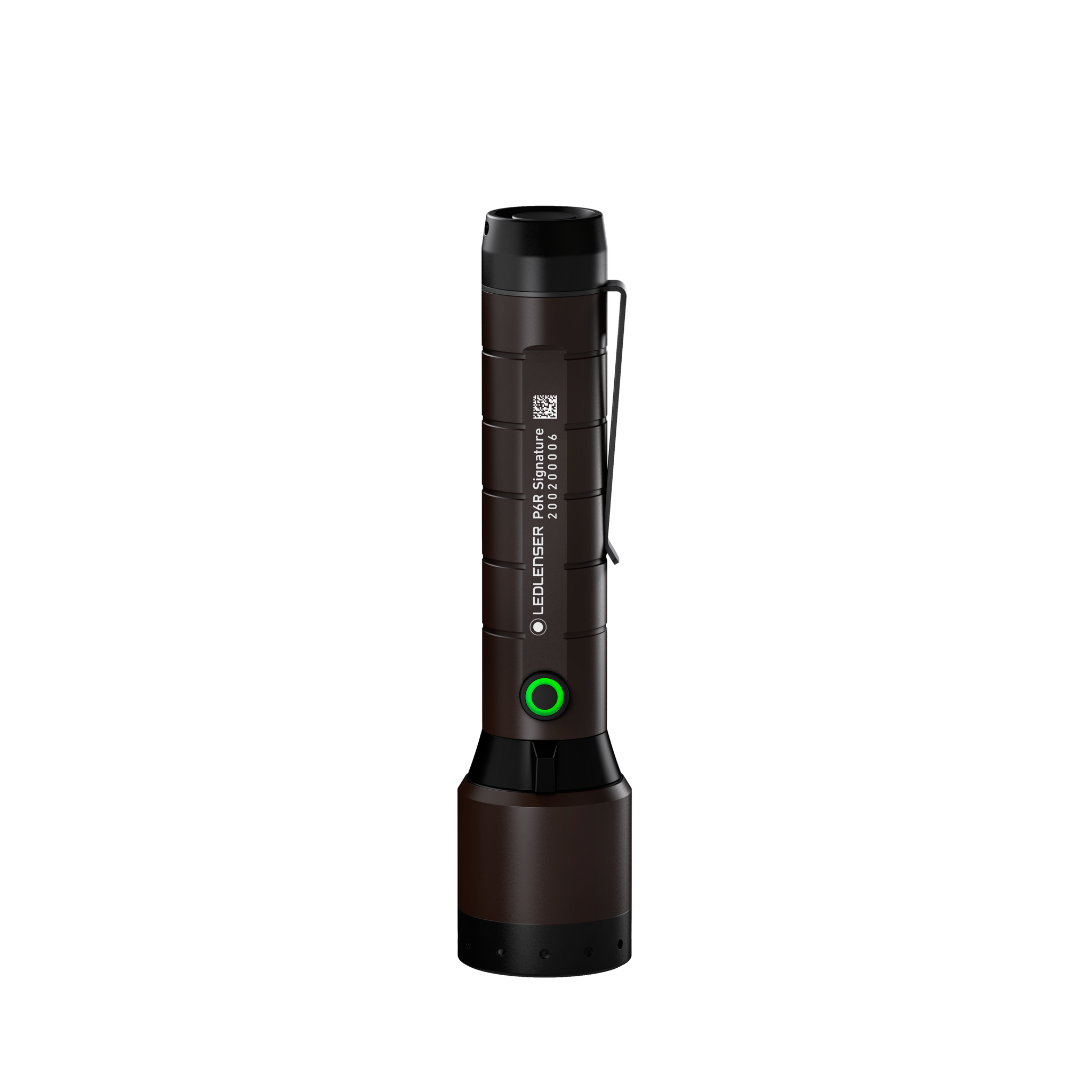Ledlenser P6R Signature Torch upright with brown body black head and green circular power button plus pocket clip