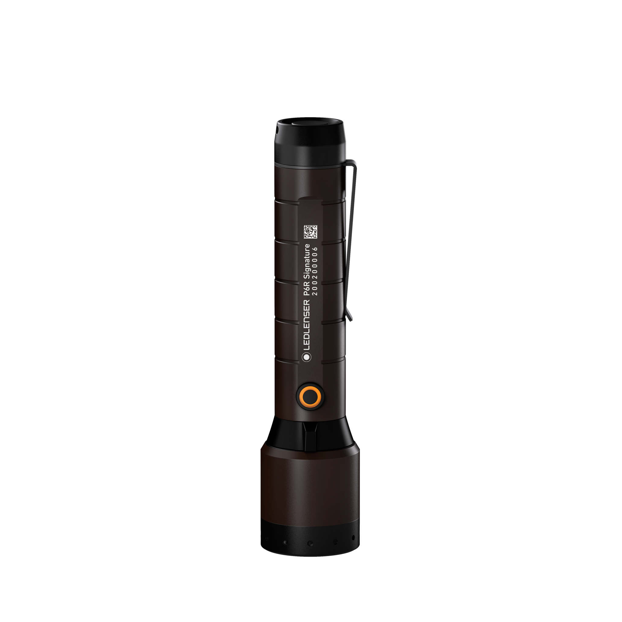 Ledlenser P6R Signature Torch shown in a vertical position with brown body black head orange ring button and side labeling