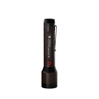 Ledlenser P6R Signature Torch in brown finish upright with red round button and wrist strap