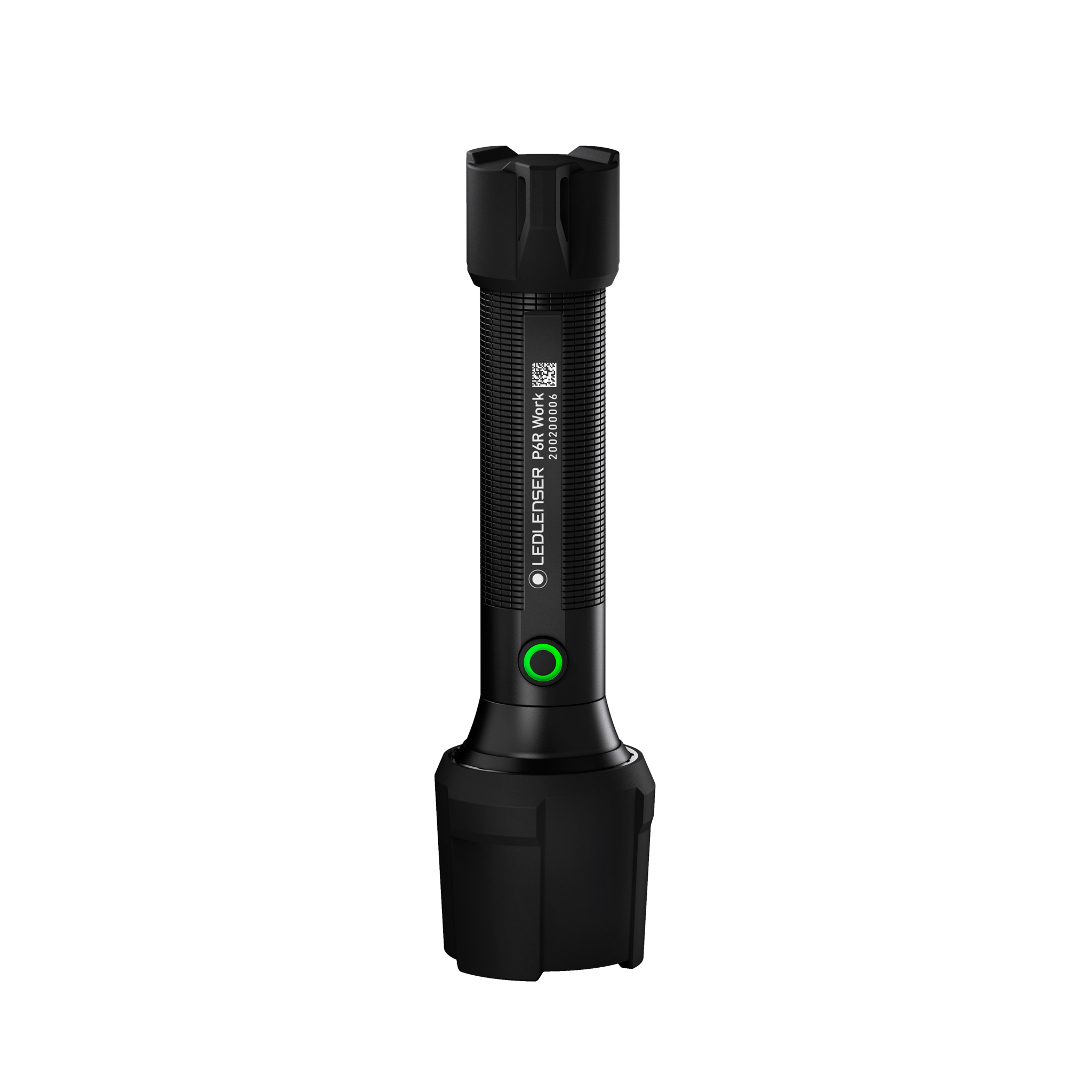 Ledlenser P6R Work Torch standing upright with black textured cylindrical body and green circular power button on the front