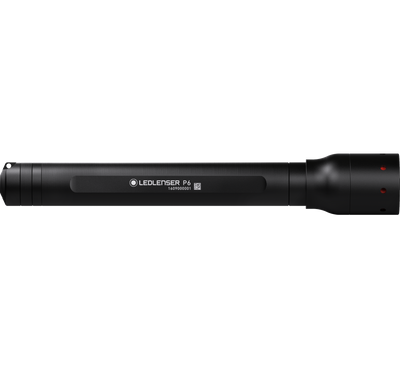 Ledlenser P6 Battery Operated Torch shown in side profile black cylindrical handheld torch with textured grip and end cap