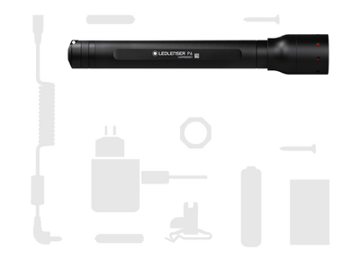 Ledlenser P6 Battery Operated Torch black cylindrical handheld flashlight with surrounding silhouettes of accessories