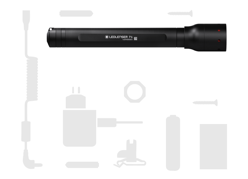 Ledlenser P6 Battery Operated Torch black cylindrical handheld flashlight with surrounding silhouettes of accessories