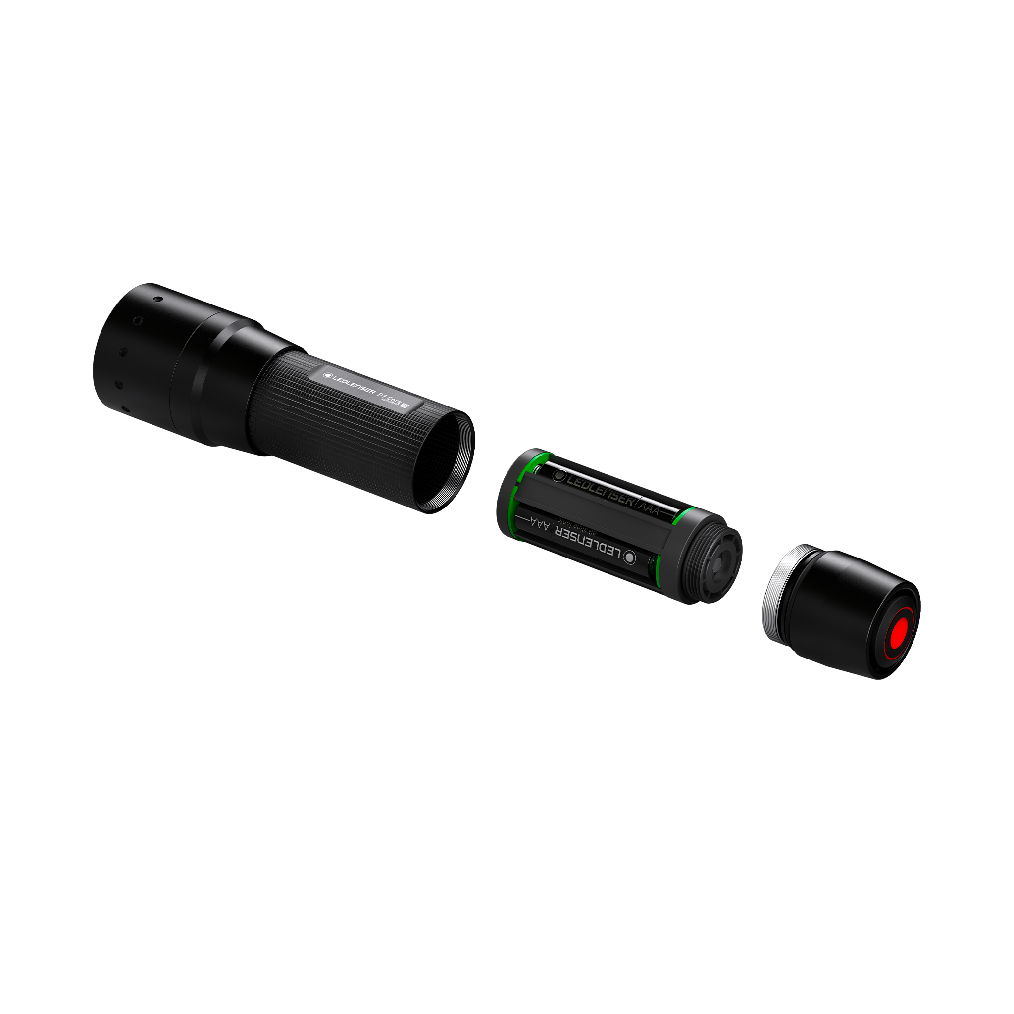 Ledlenser P7 Core Torch disassembled view showing main body battery holder and end cap with green accents and red seal