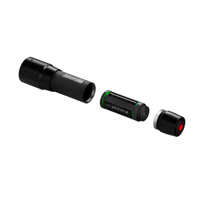 Ledlenser P7 Core Torch disassembled view showing main body battery holder and end cap with green accents and red seal