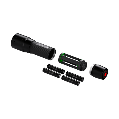 Ledlenser P7 Core Torch exploded view showing main body battery module with four AA batteries green internal component and end cap
