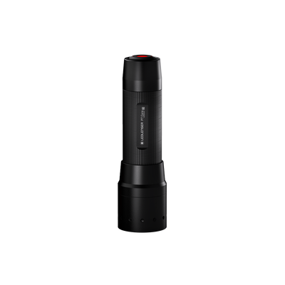 Ledlenser P7 Core Torch black handheld flashlight with textured grip red ring at the top shown upright