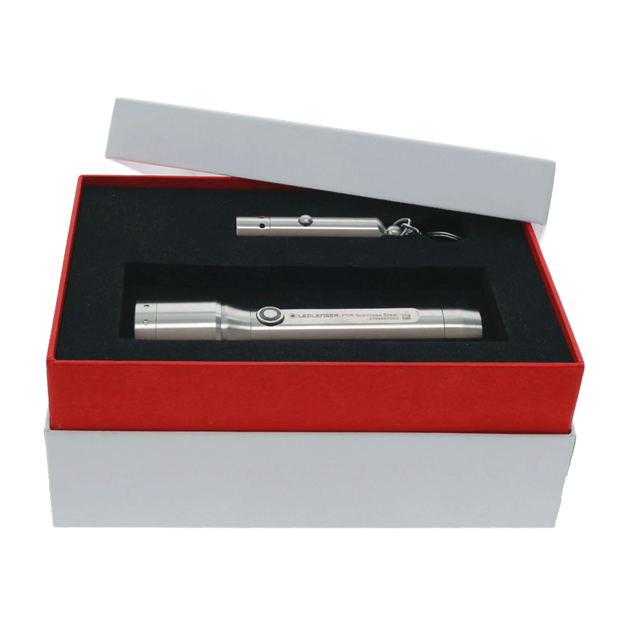 Ledlenser P7R Core Rechargeable Torch and V8 Keychain Light Stainless Steel Edition in a gift box with foam insert showing the two metal lights