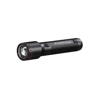 Ledlenser P7R Core torch a black cylindrical handheld flashlight with a front lens and side activation button