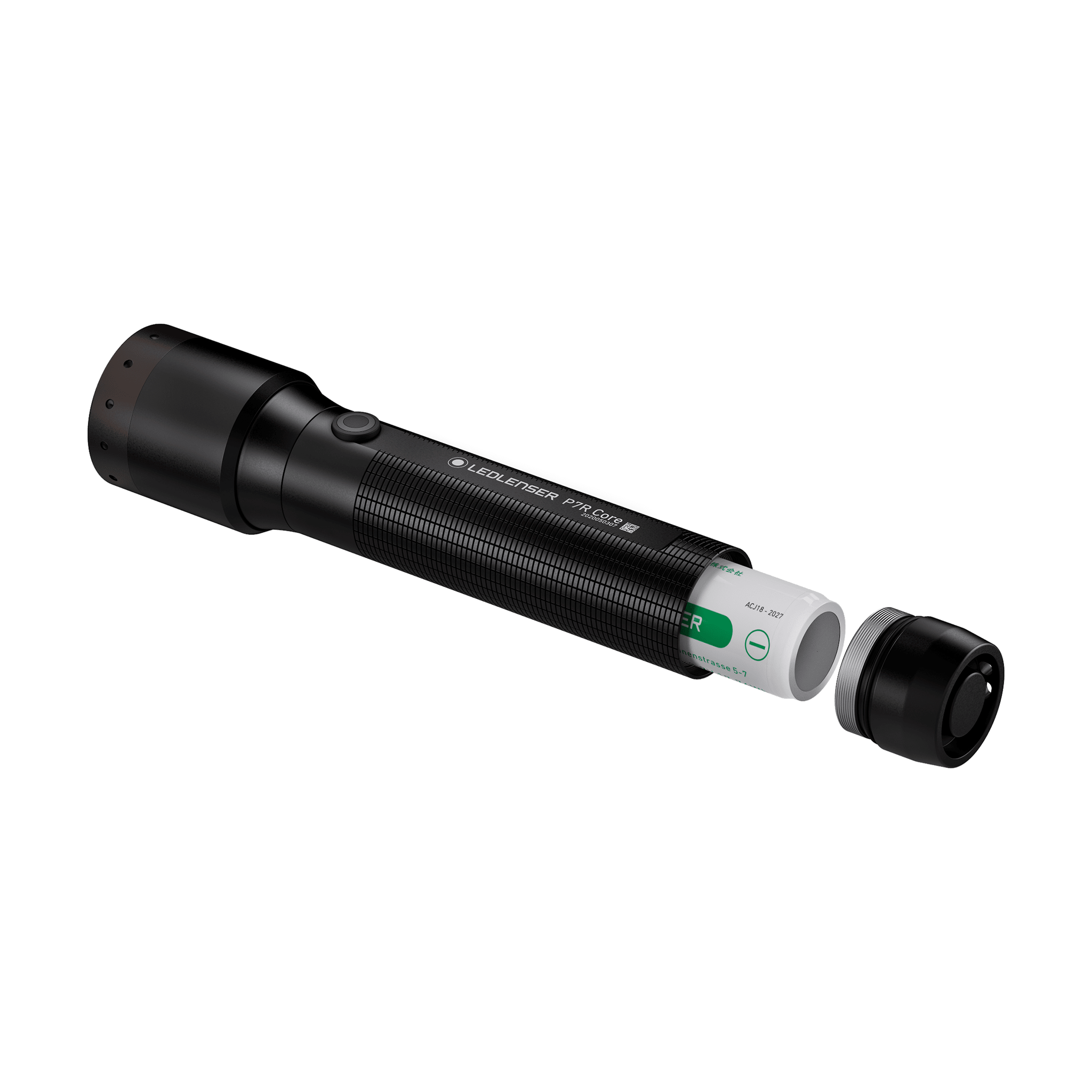 Ledlenser P7R Core Torch shown with battery pack inserted cap removed angled view of a black handheld flashlight